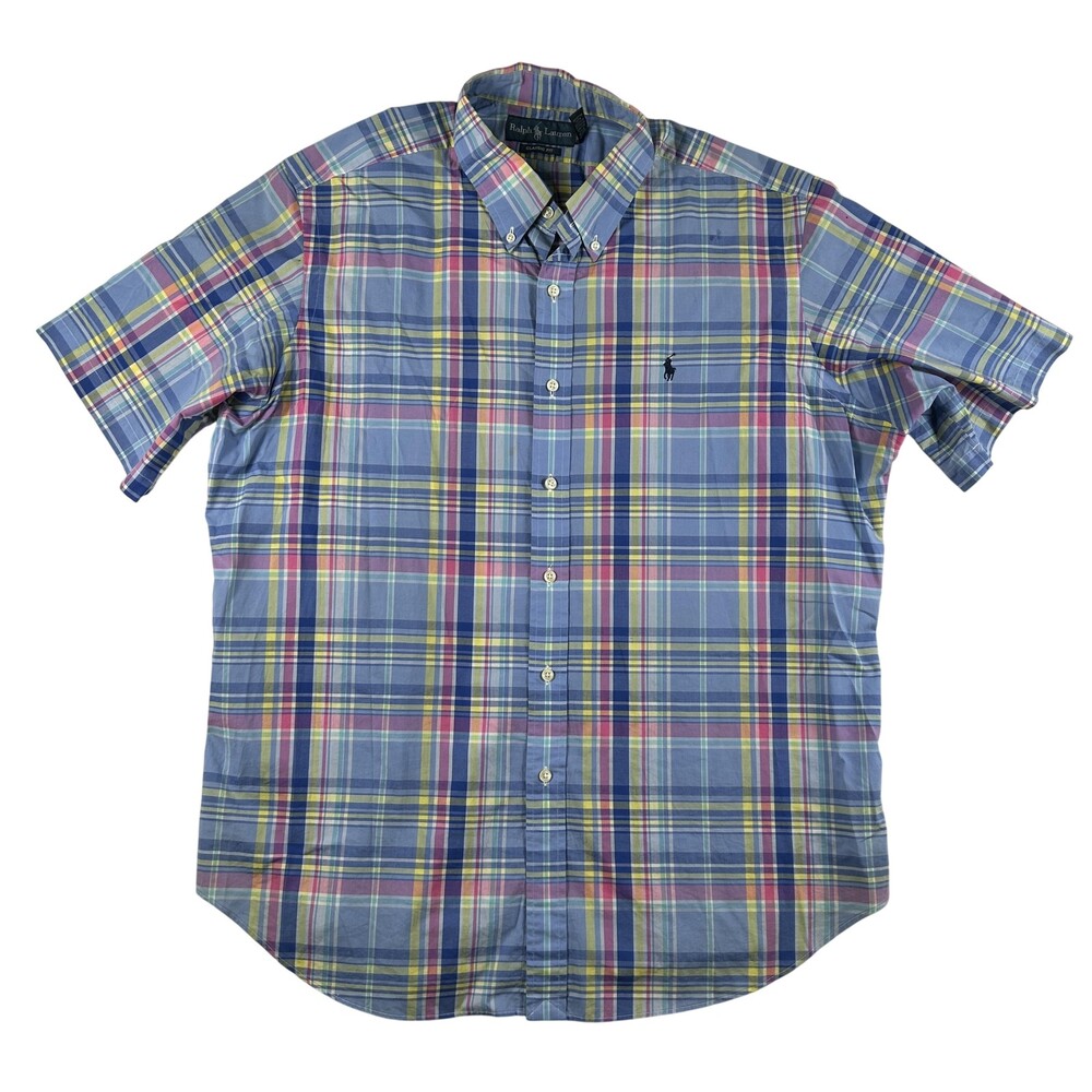 Ralph Lauren Shirt Mens XL Blue Plaid Short Sleeve Button Down Classic Fit Pony